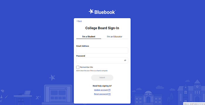Bluebook app login page