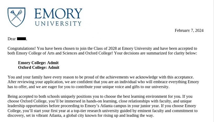 Emory acceptance letter