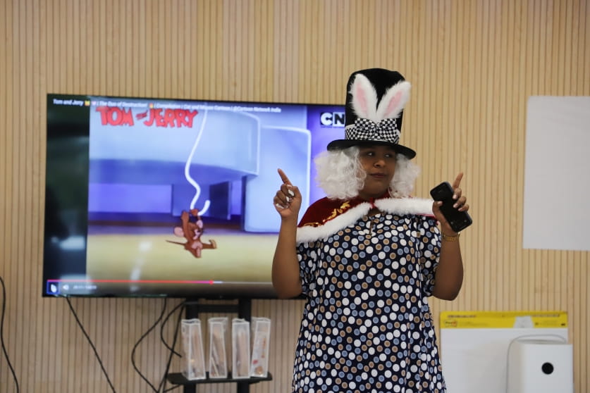 Teacher wearing a fun hat