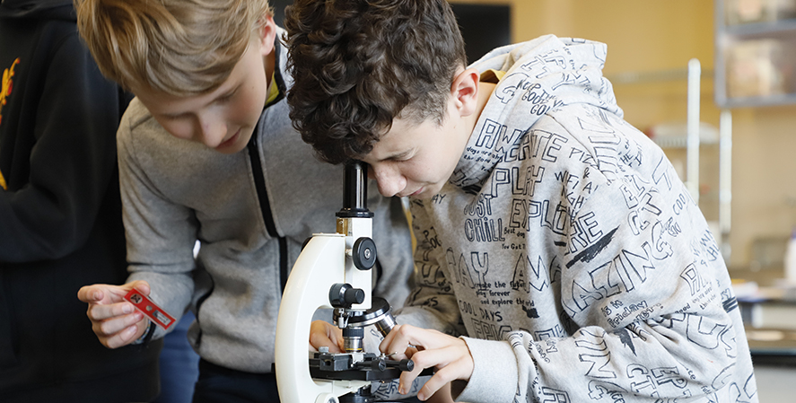 Students working with a microscope
